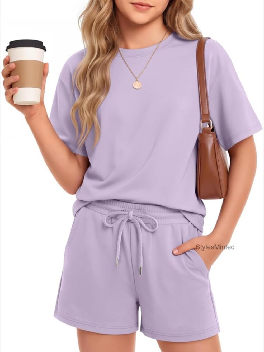 Girls 2-Piece Short Set Drop Shoulder Top Drawstring Shorts Pockets